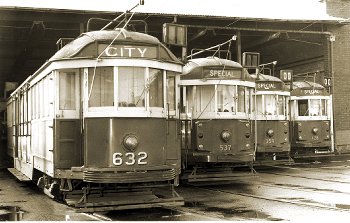 M&MTB W2 class numbers 632, 537, 354 and 428 in storage at Thornbury Depot, 1979. Official M&MTB photograph