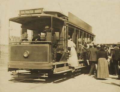 Boarding the Saltwater (Maribyrnong) River tram, pre World War I. Photograph State Library of Victoria